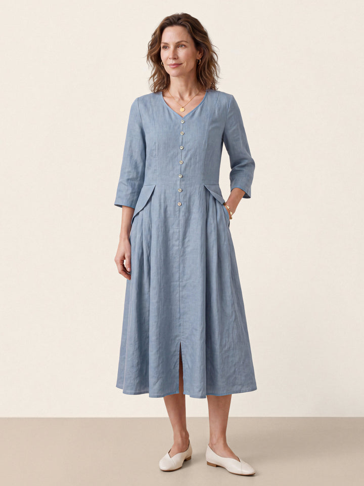 100% Linen Shell Button A Line Midi Dress ELIORA