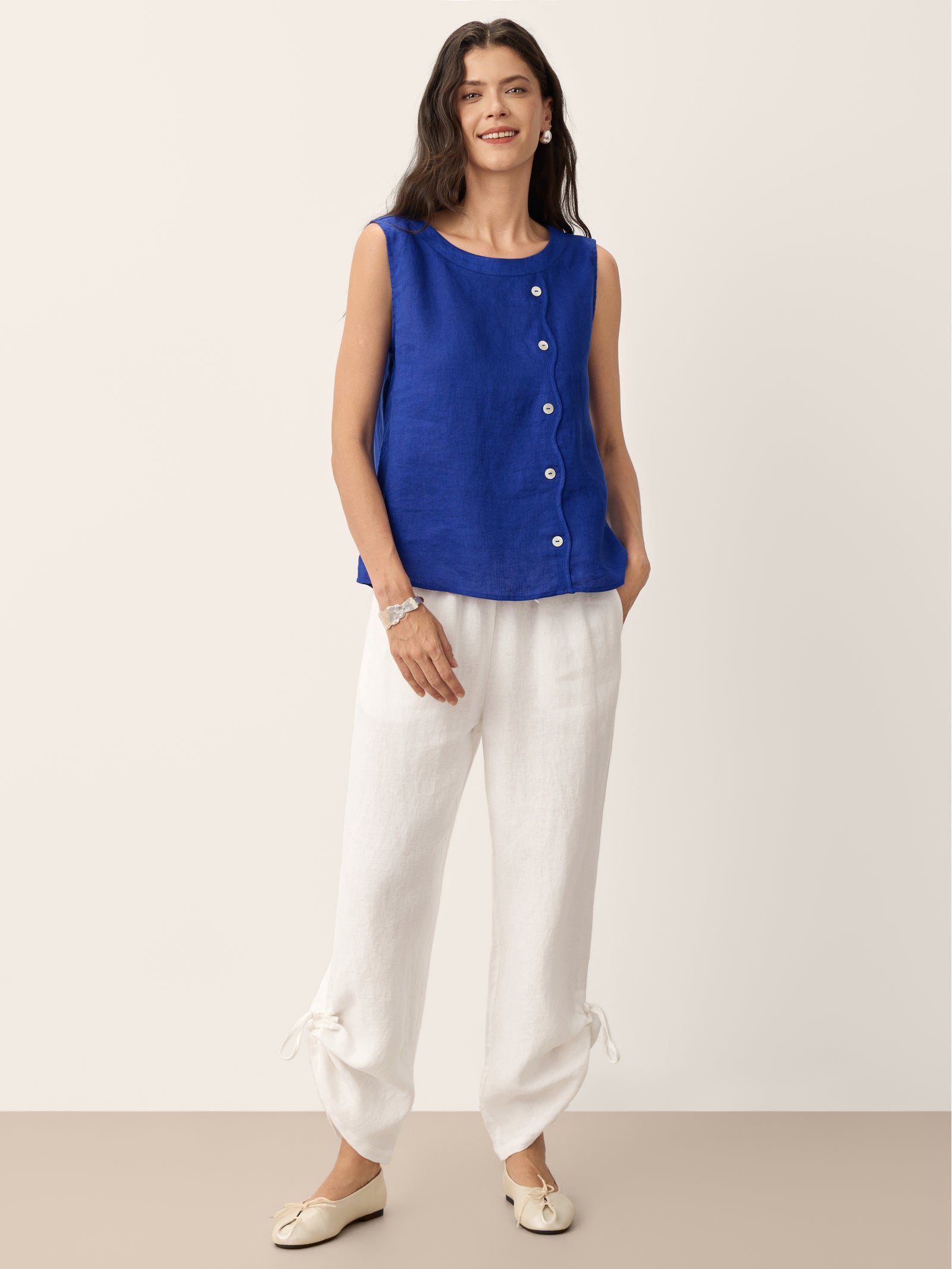 100% Linen Shell Button Detail Sleeveless Top GALATEA by LINTICO for women