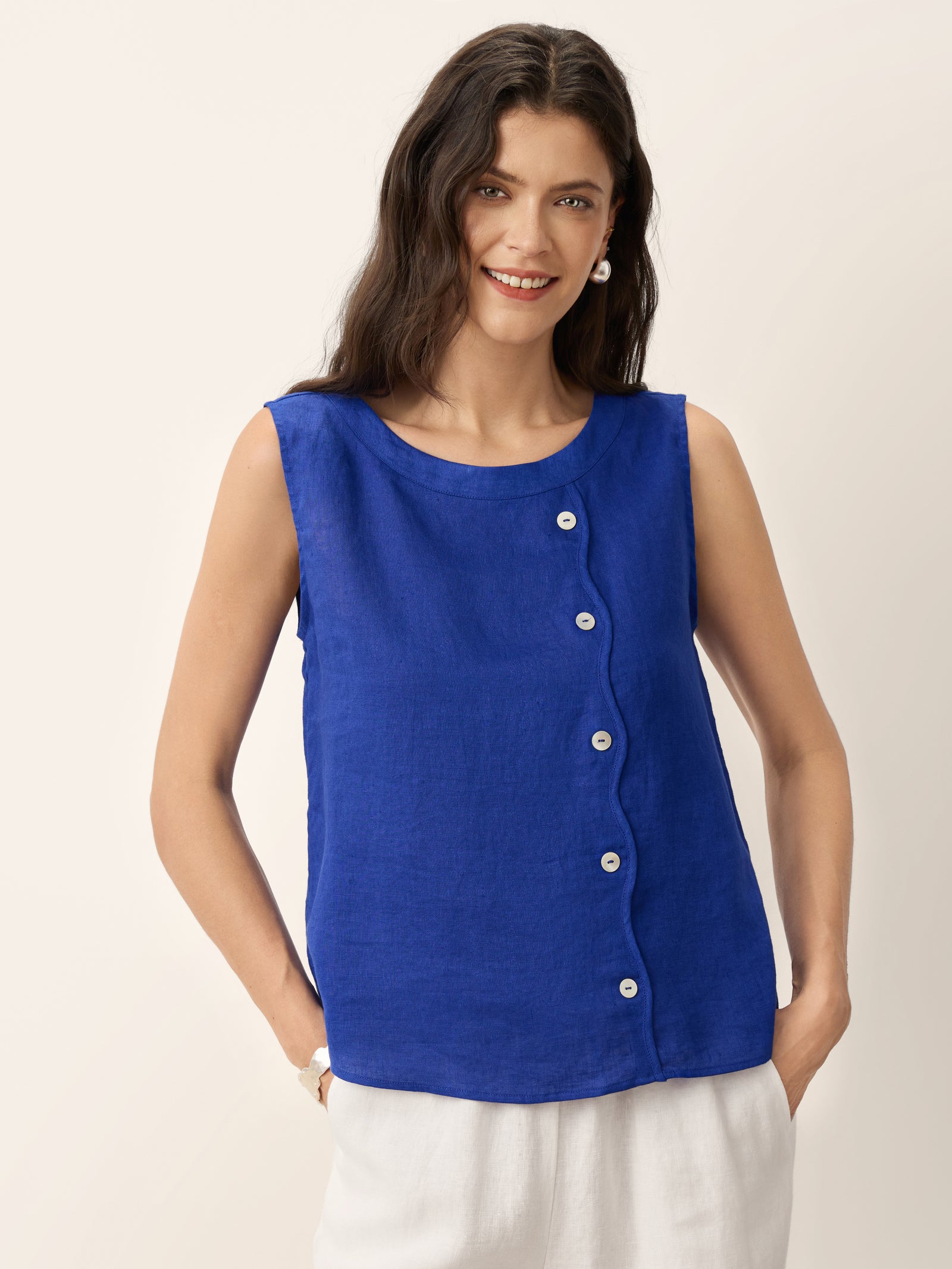 100% Linen Shell Button Detail Sleeveless Top GALATEA by LINTICO for women
