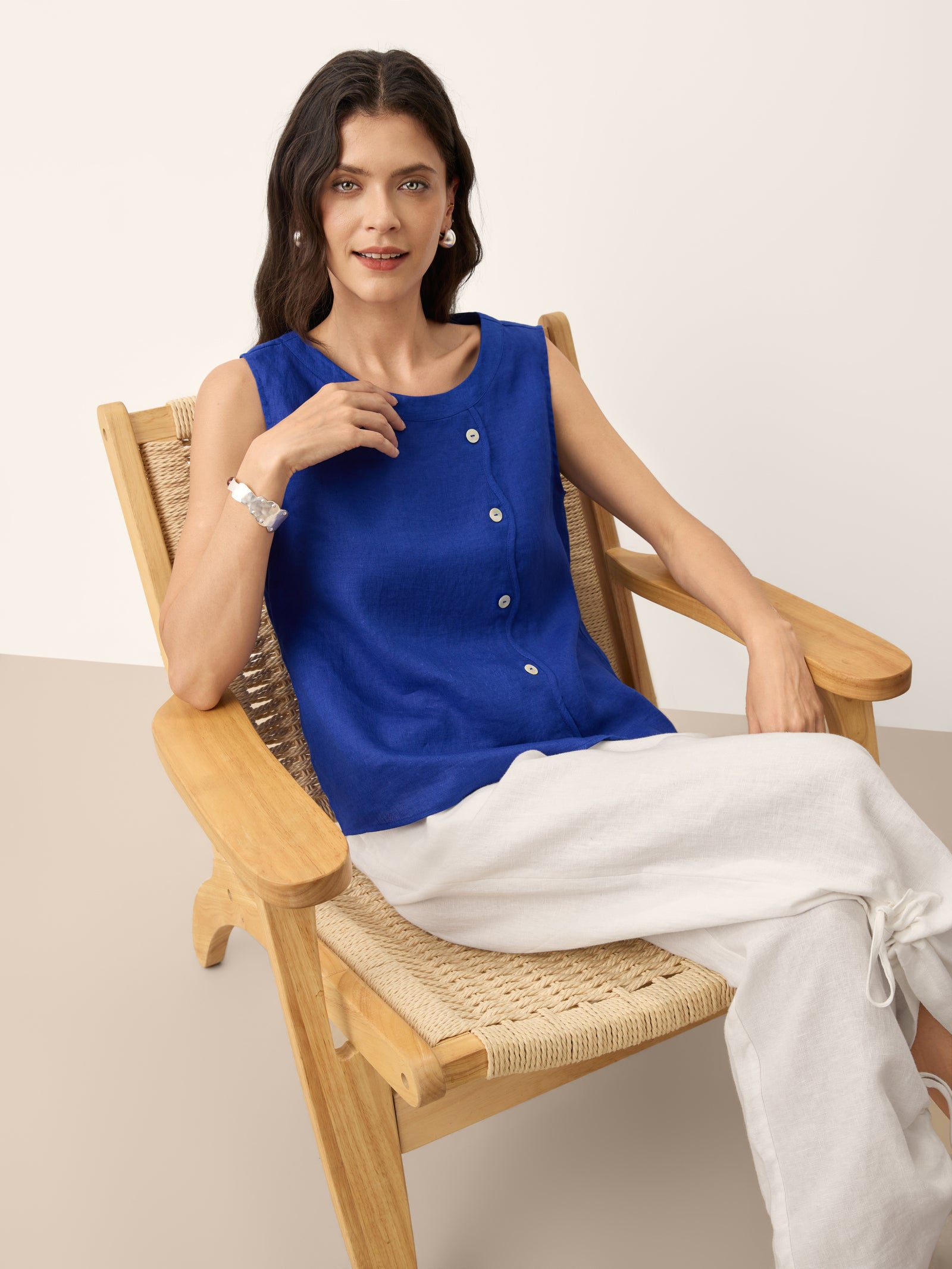 100% Linen Shell Button Detail Sleeveless Top GALATEA by LINTICO for women