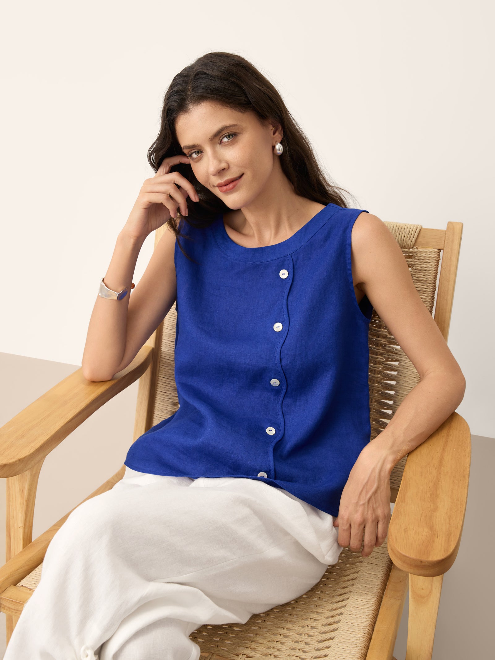 100% Linen Shell Button Detail Sleeveless Top GALATEA by LINTICO for women