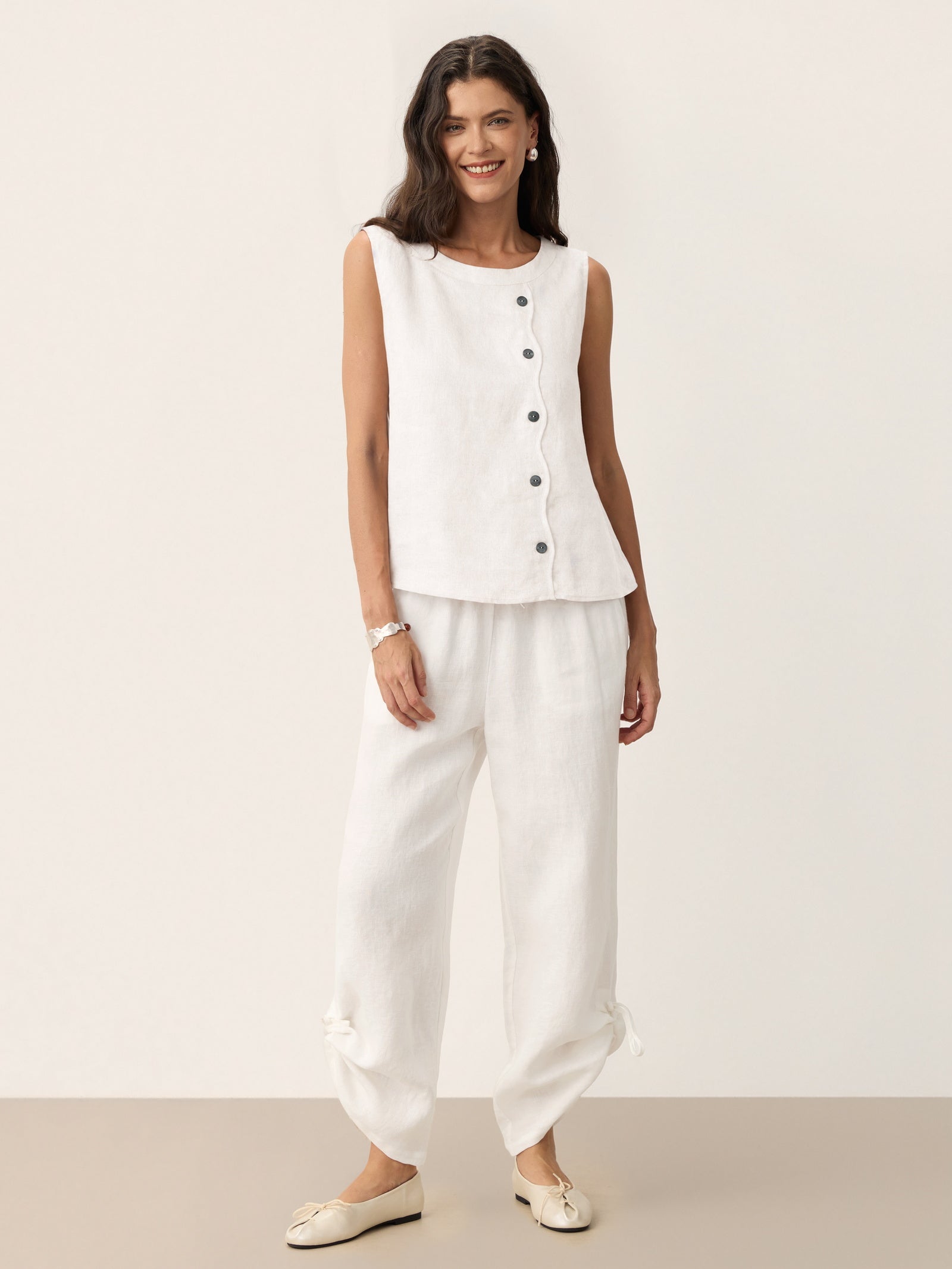 100% Linen Shell Button Detail Sleeveless Top GALATEA by LINTICO for women