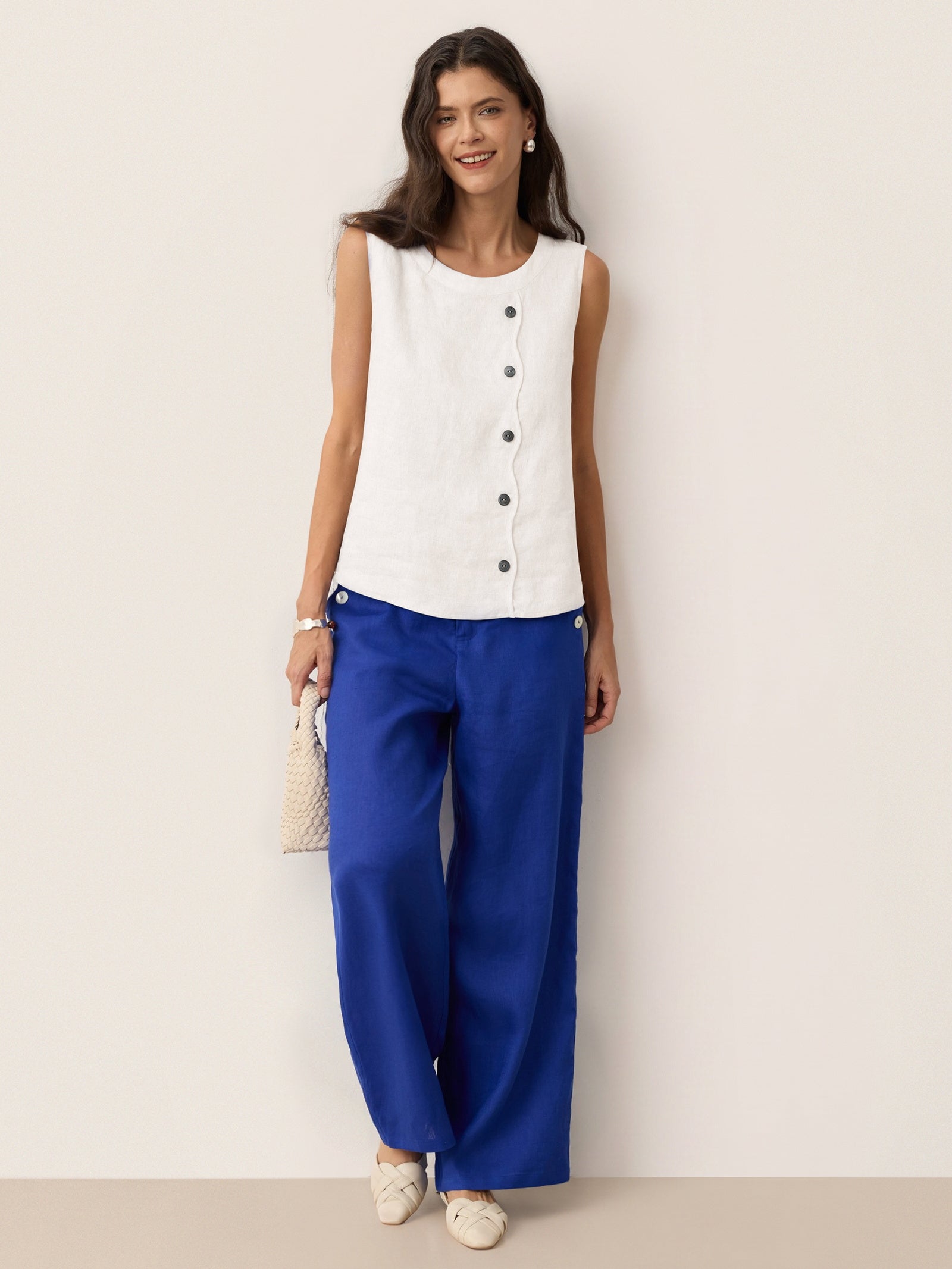 100% Linen Shell Button Detail Sleeveless Top GALATEA by LINTICO for women