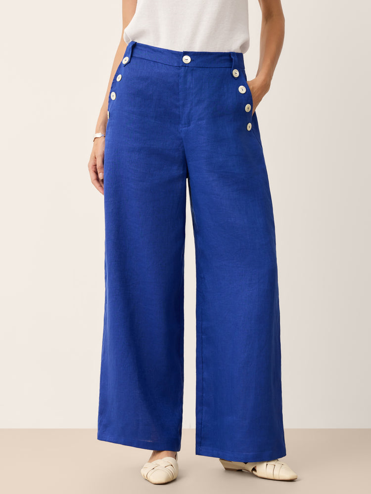 100% Linen Shell Button Elasticated Back Wide-Leg Pants IONE by LINTICO for women