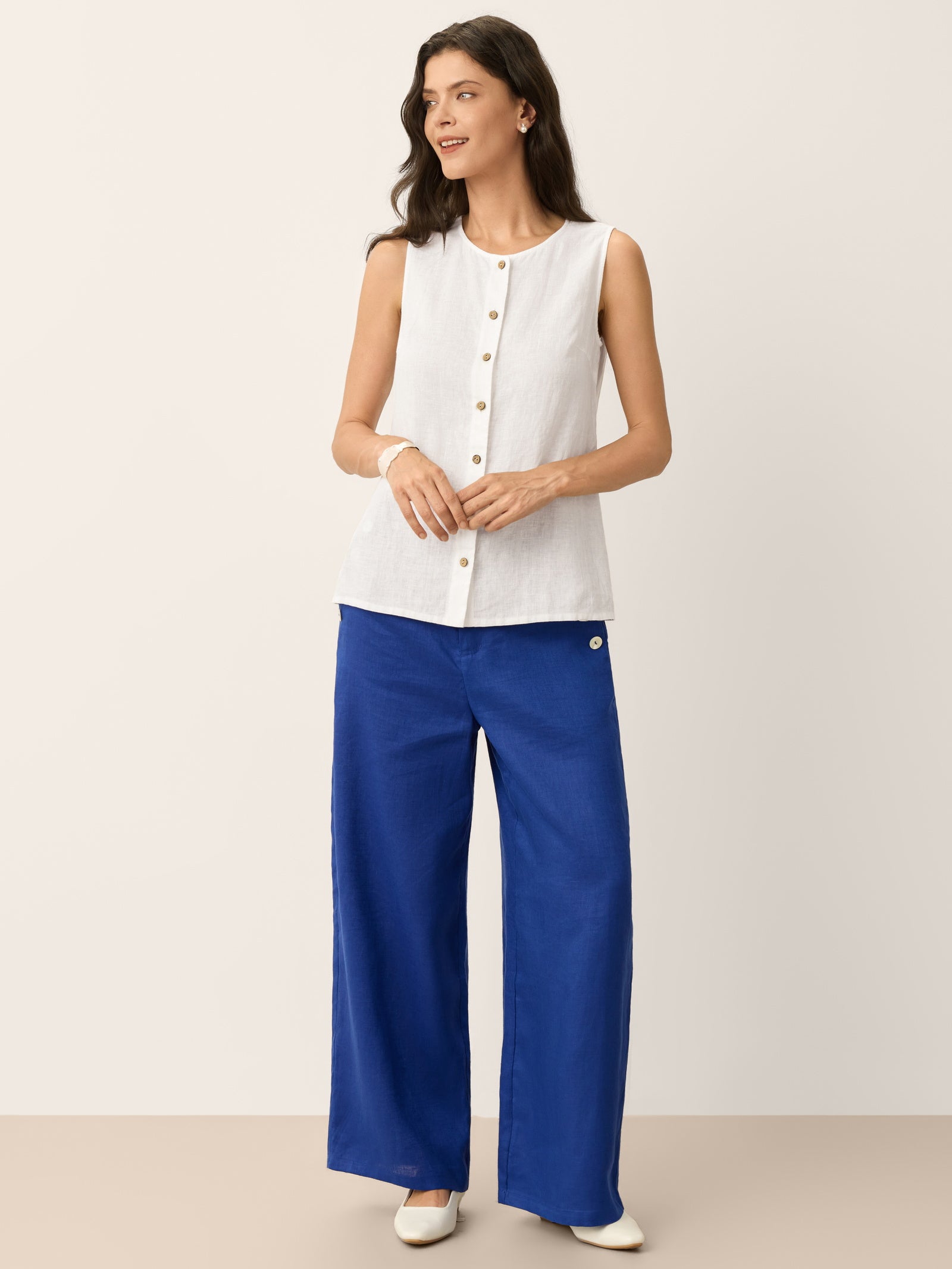 100% Linen Shell Button Elasticated Back Wide-Leg Pants IONE by LINTICO for women