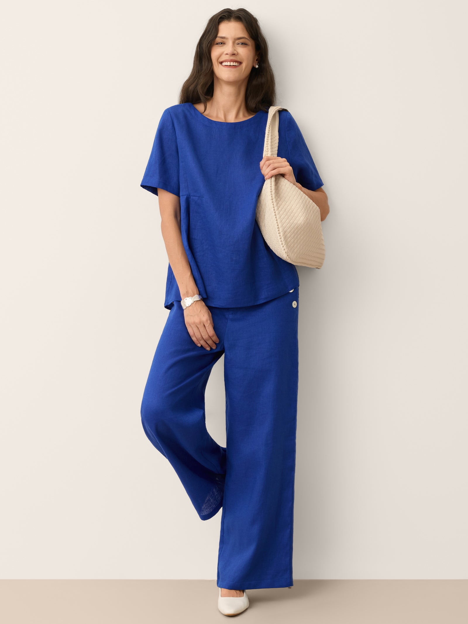 100% Linen Shell Button Elasticated Back Wide-Leg Pants IONE by LINTICO for women