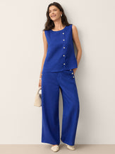 100% Linen Shell Button Elasticated Back Wide-Leg Pants IONE by LINTICO for women