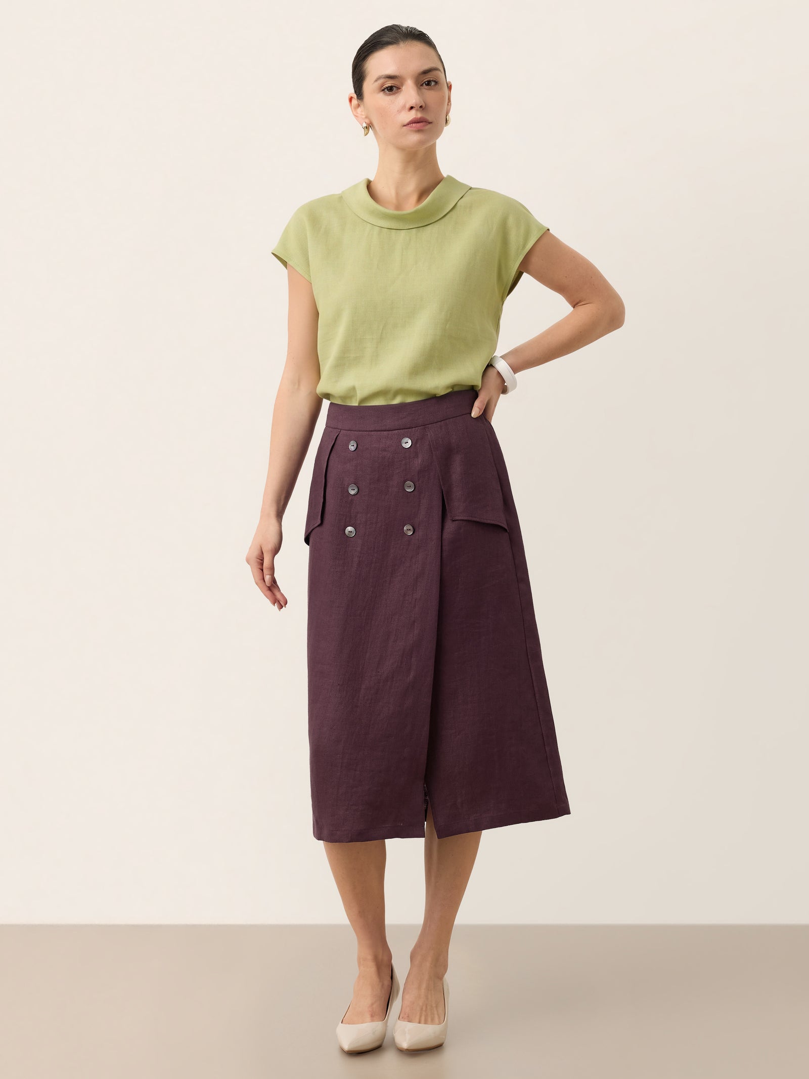 100% Linen Shell Button Flap Detail A Line Skirt PERDITA by LINTICO