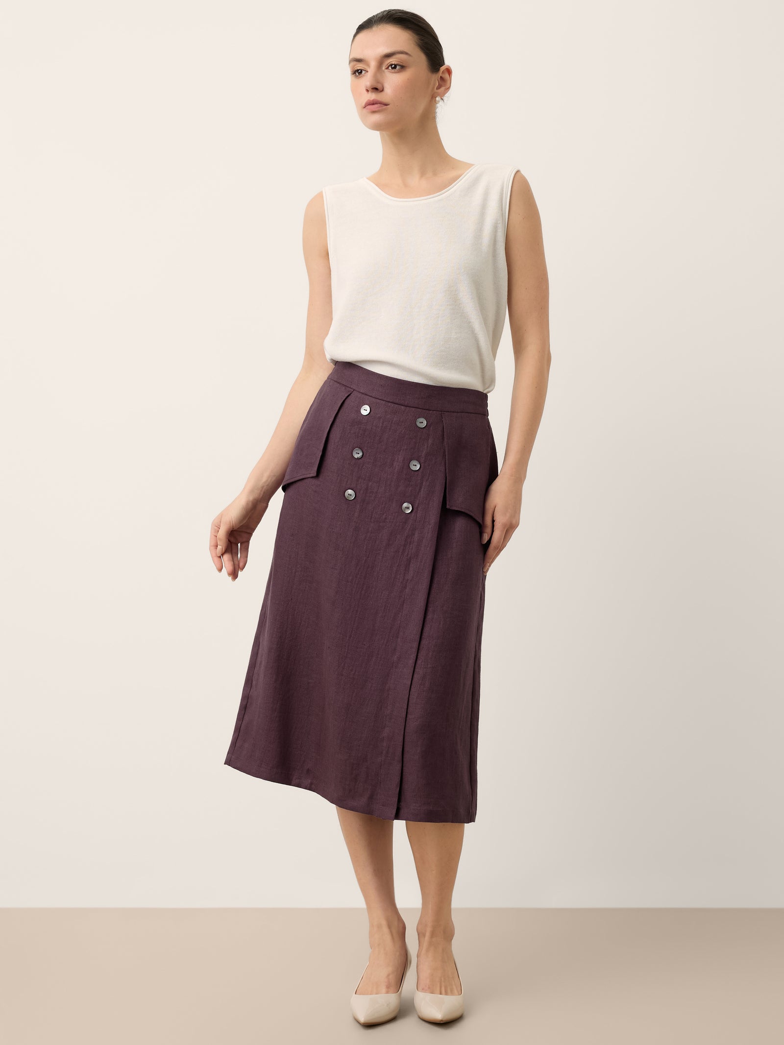 100% Linen Shell Button Flap Detail A Line Skirt PERDITA by LINTICO