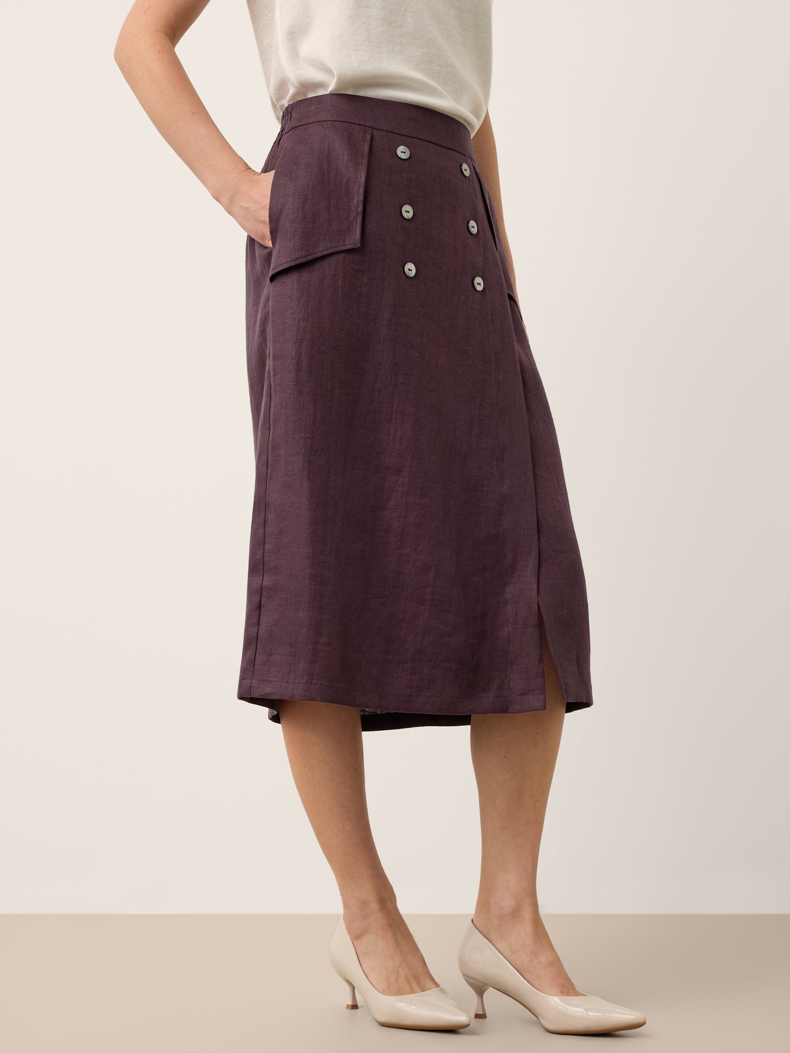100% Linen Shell Button Flap Detail A Line Skirt PERDITA by LINTICO