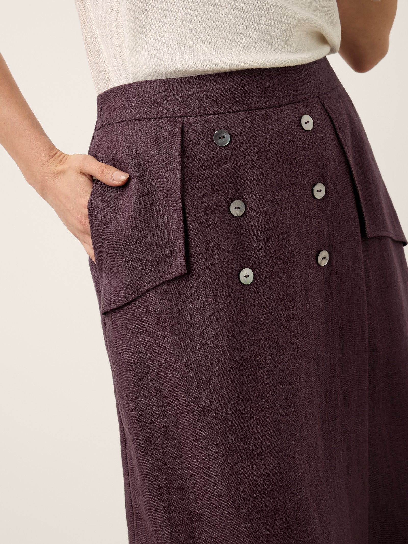 100% Linen Shell Button Flap Detail A Line Skirt PERDITA by LINTICO