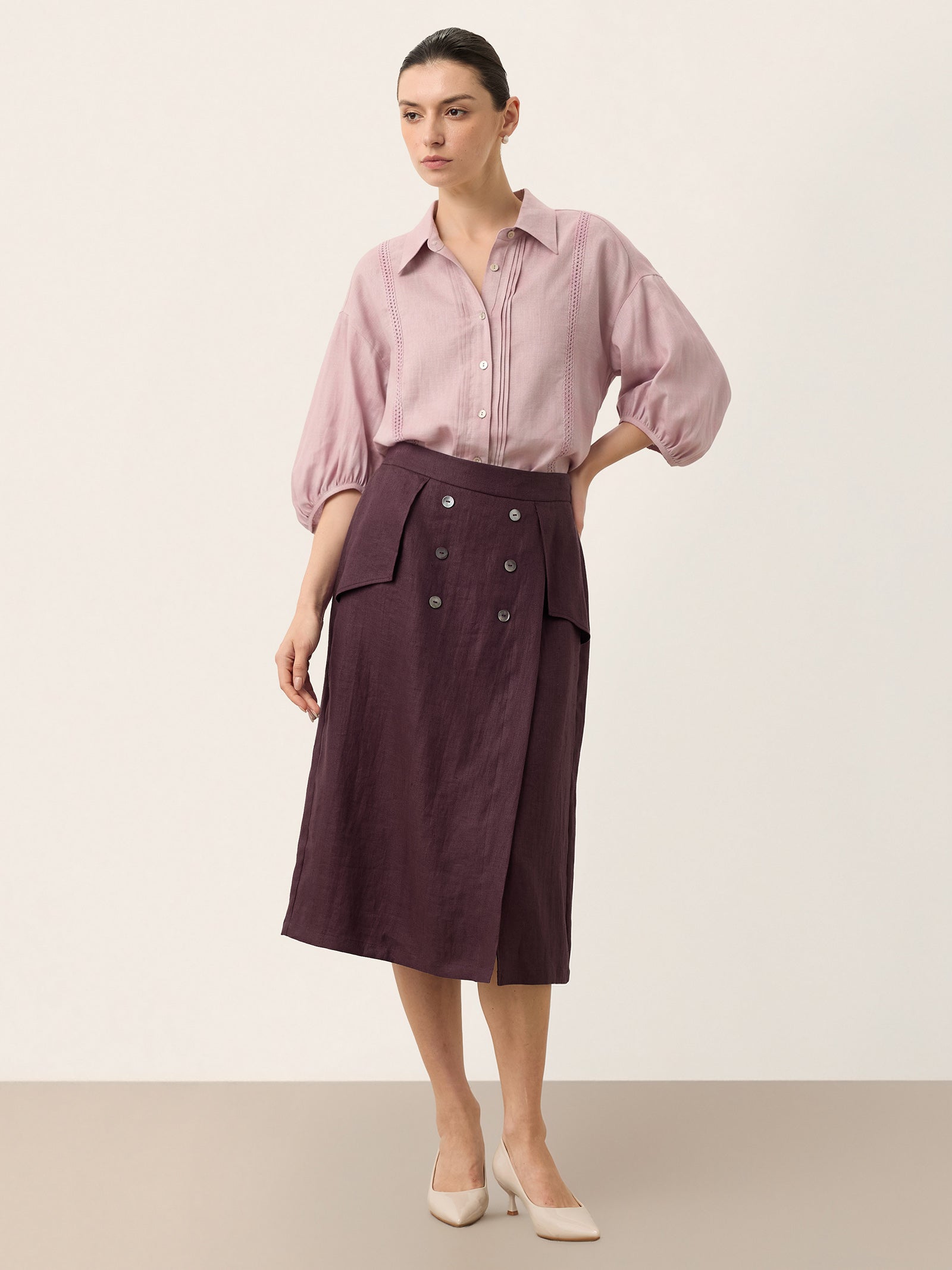 100% Linen Pintuck Lace Inset Shirt MALINA by LINTICO
