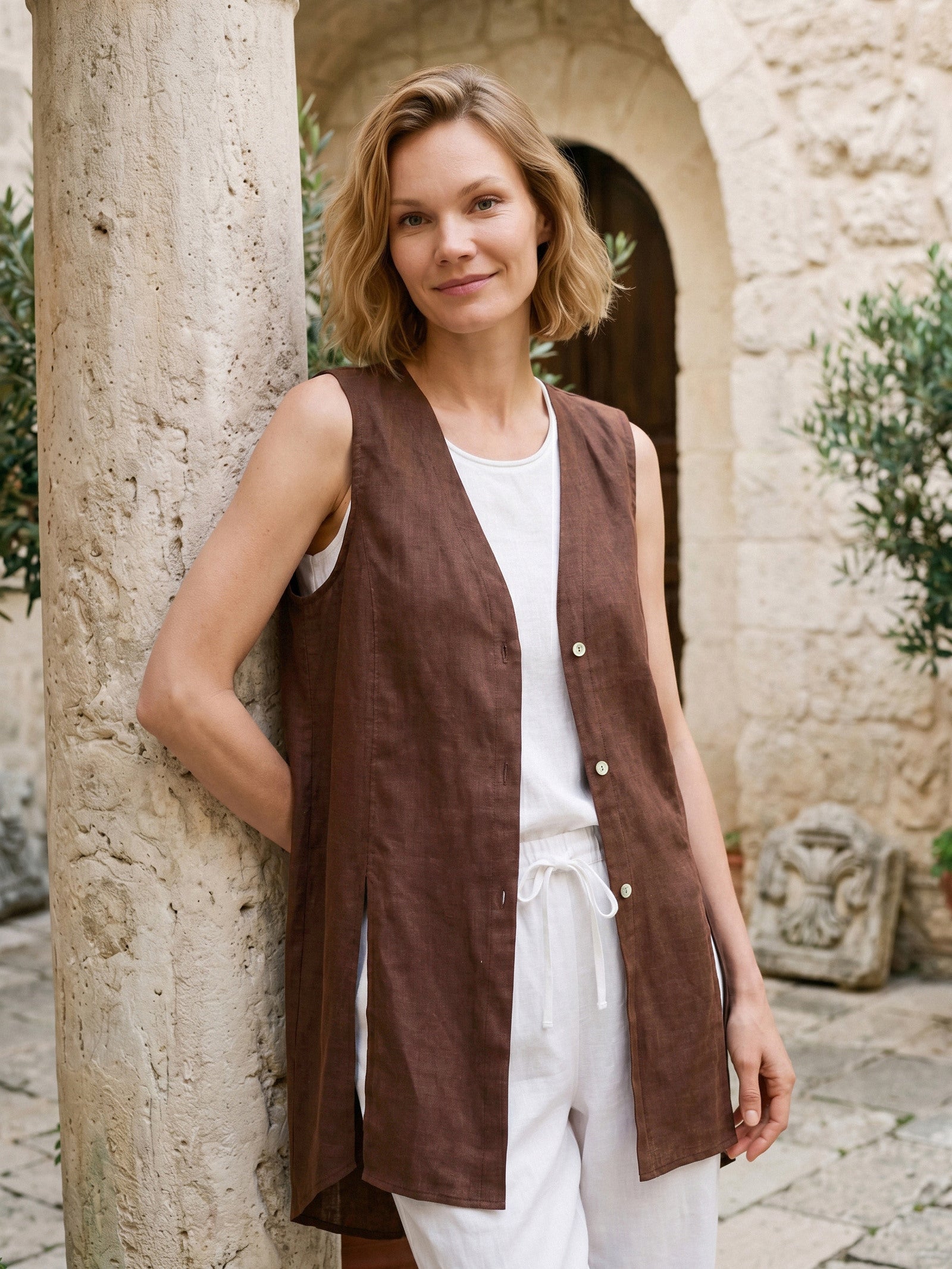 100% Linen Shell Button Slit Overtop DOMINIQUE by LINTICO for women