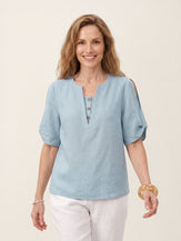 Blue 100% Linen Shoulder Slit V Neck Top NOELIA by LINTICO