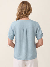 Blue 100% Linen Shoulder Slit V Neck Top NOELIA by LINTICO