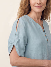 Blue 100% Linen Shoulder Slit V Neck Top NOELIA by LINTICO