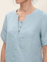 Blue 100% Linen Shoulder Slit V Neck Top NOELIA by LINTICO