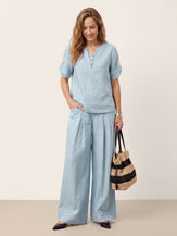 Blue 100% Linen Shoulder Slit V Neck Top NOELIA by LINTICO