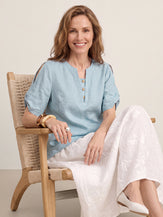 Blue 100% Linen Shoulder Slit V Neck Top NOELIA by LINTICO