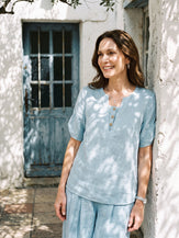 100% Linen Shoulder Slit V Neck Top NOELIA by LINTICO