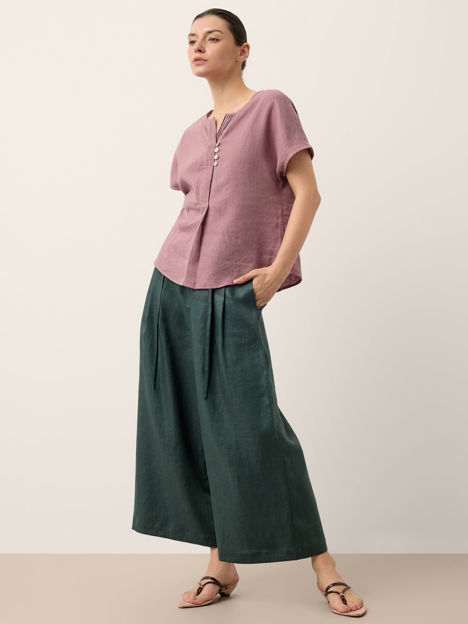 100% Linen Side Tie Elasticated Waist Wide Leg Cropped Pants CAMILLA by LINTICO for women