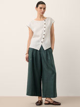 100% Linen Side Tie Elasticated Waist Wide Leg Cropped Pants CAMILLA by LINTICO for women