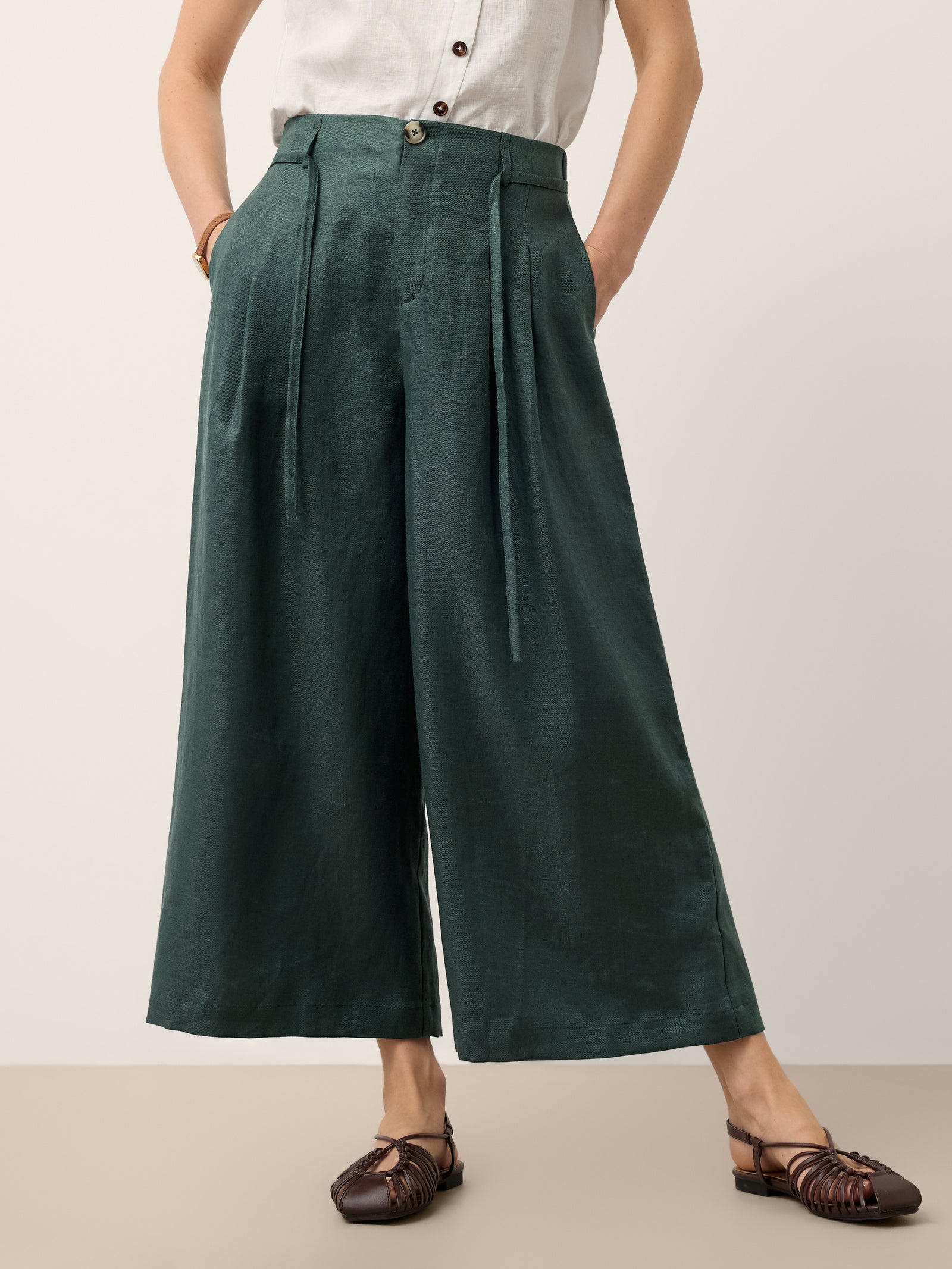 100% Linen Side Tie Elasticated Waist Wide Leg Cropped Pants CAMILLA by LINTICO for women