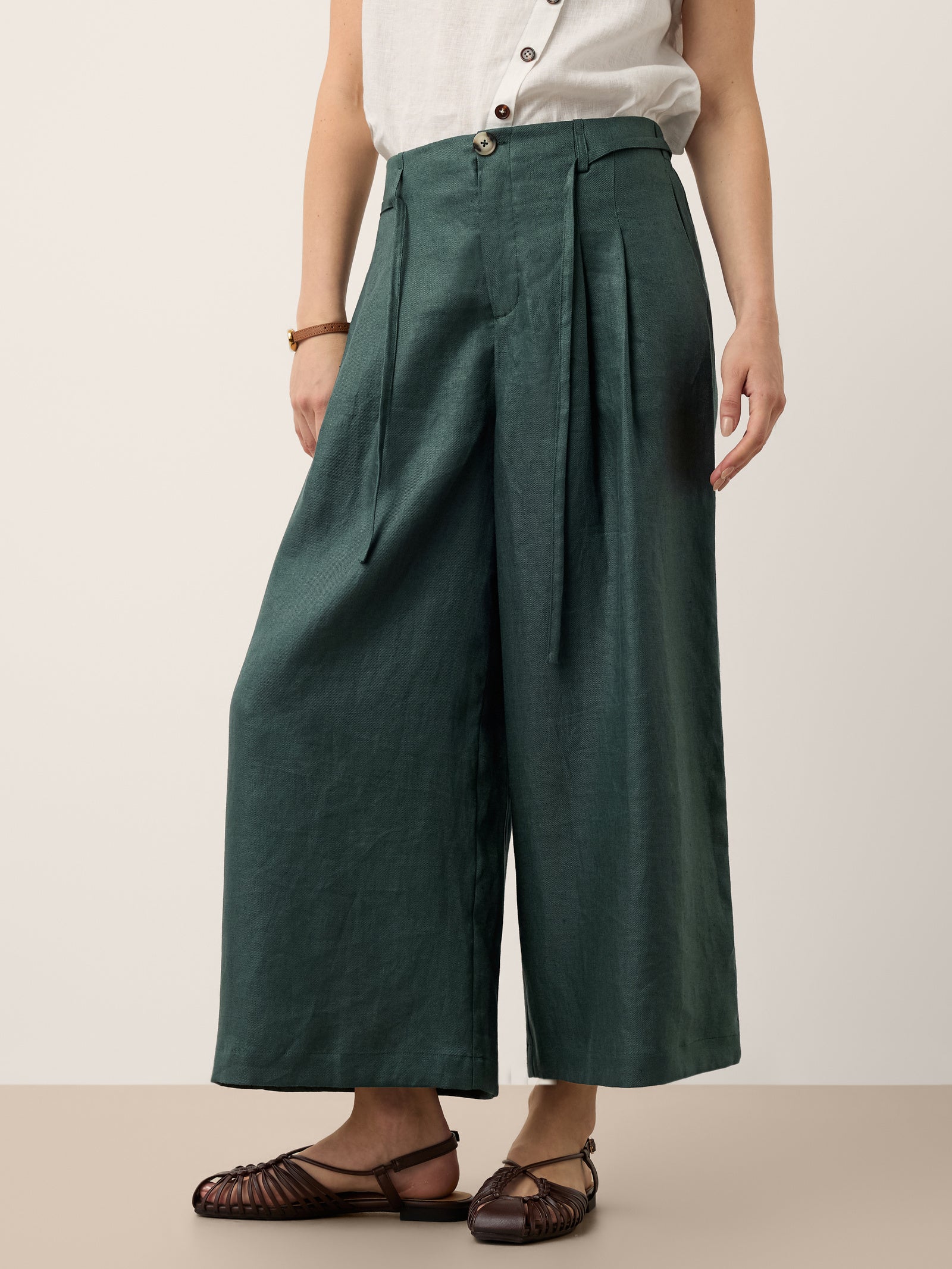 100% Linen Side Tie Elasticated Waist Wide Leg Cropped Pants CAMILLA by LINTICO for women