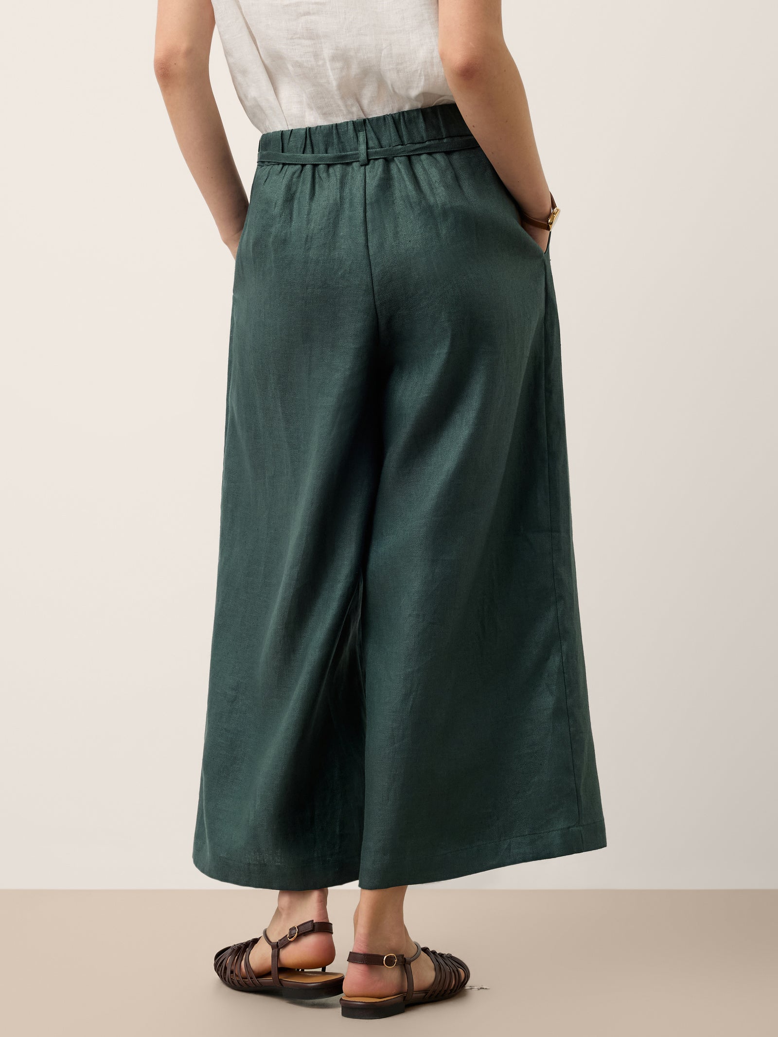 100% Linen Side Tie Elasticated Waist Wide Leg Cropped Pants CAMILLA by LINTICO for women