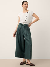 100% Linen Side Tie Elasticated Waist Wide Leg Cropped Pants CAMILLA by LINTICO for women