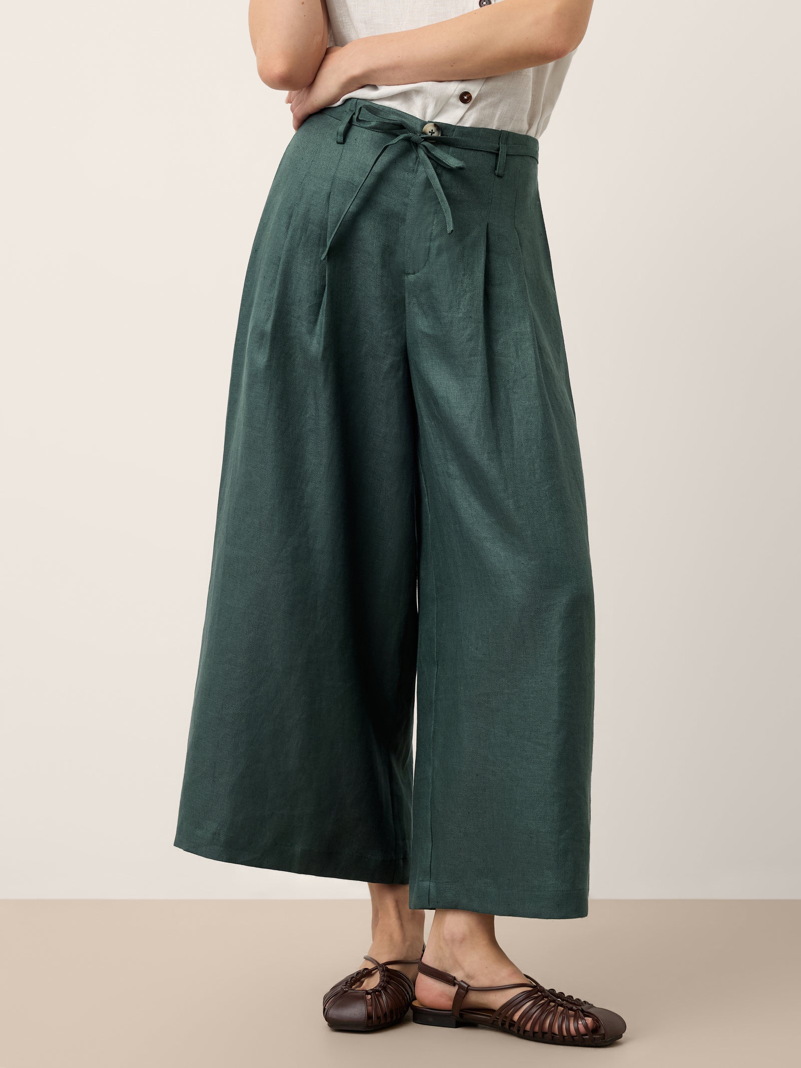 100% Linen Side Tie Elasticated Waist Wide Leg Cropped Pants CAMILLA by LINTICO for women