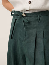 100% Linen Side Tie Elasticated Waist Wide Leg Cropped Pants CAMILLA by LINTICO for women