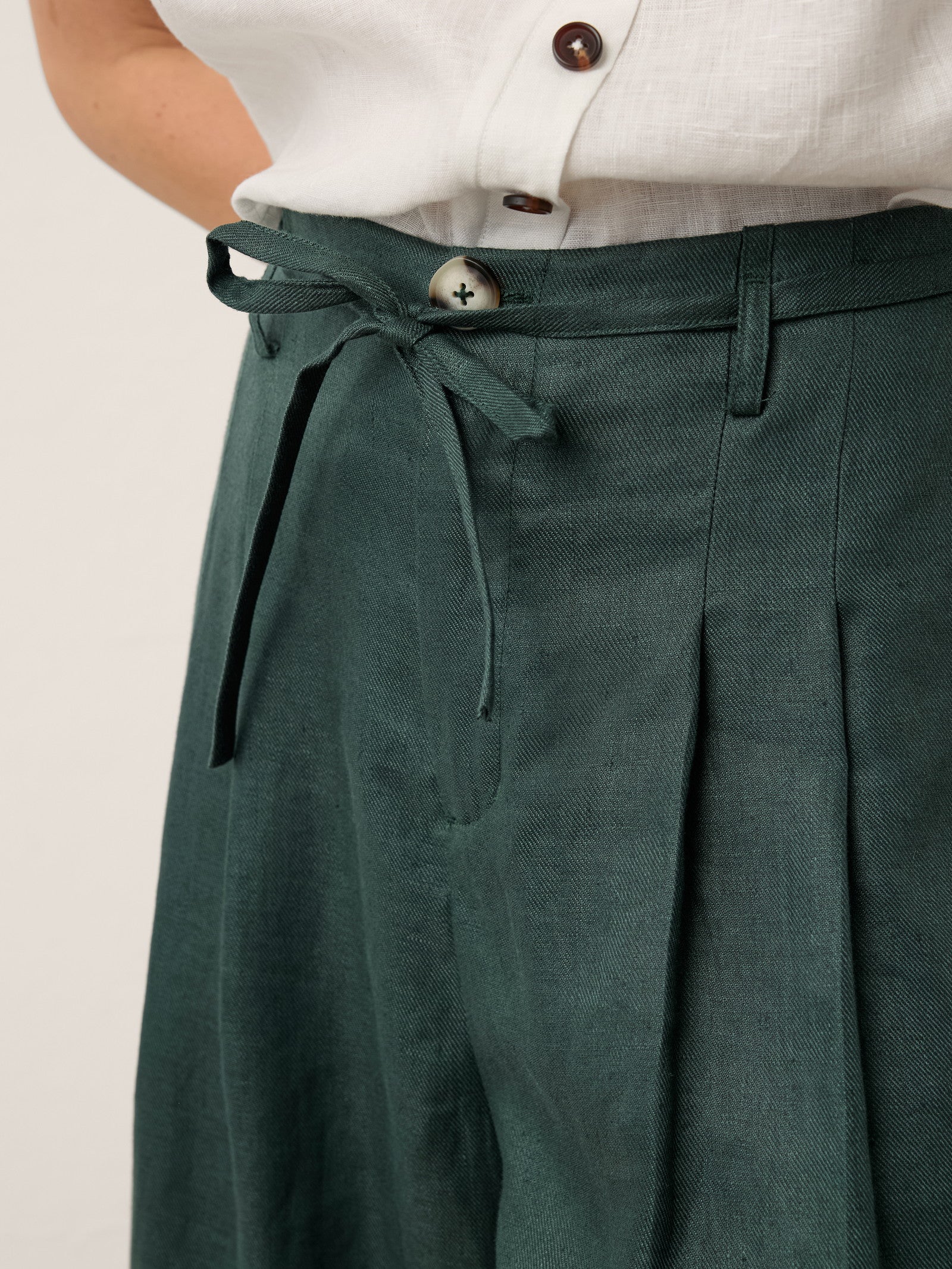 100% Linen Side Tie Elasticated Waist Wide Leg Cropped Pants CAMILLA by LINTICO for women