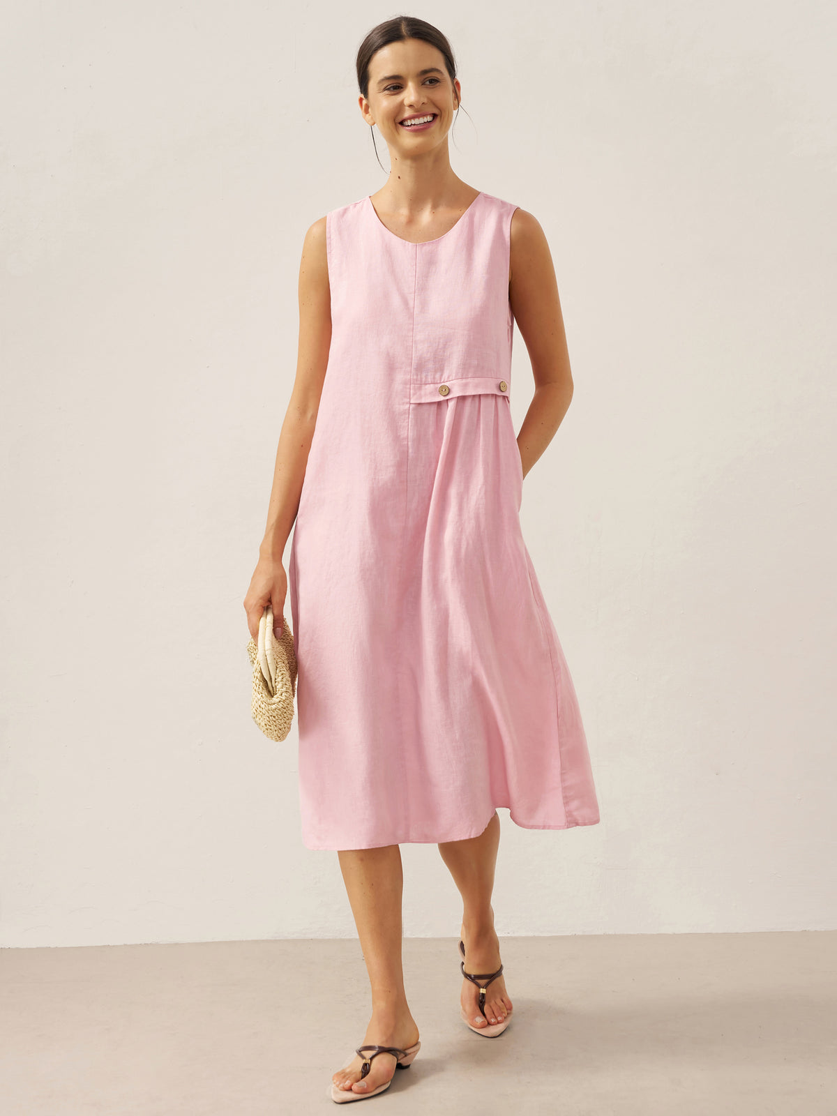 100% Linen Sleeveless Accordion Pleat Midi Dress TINA by LINTICO for women