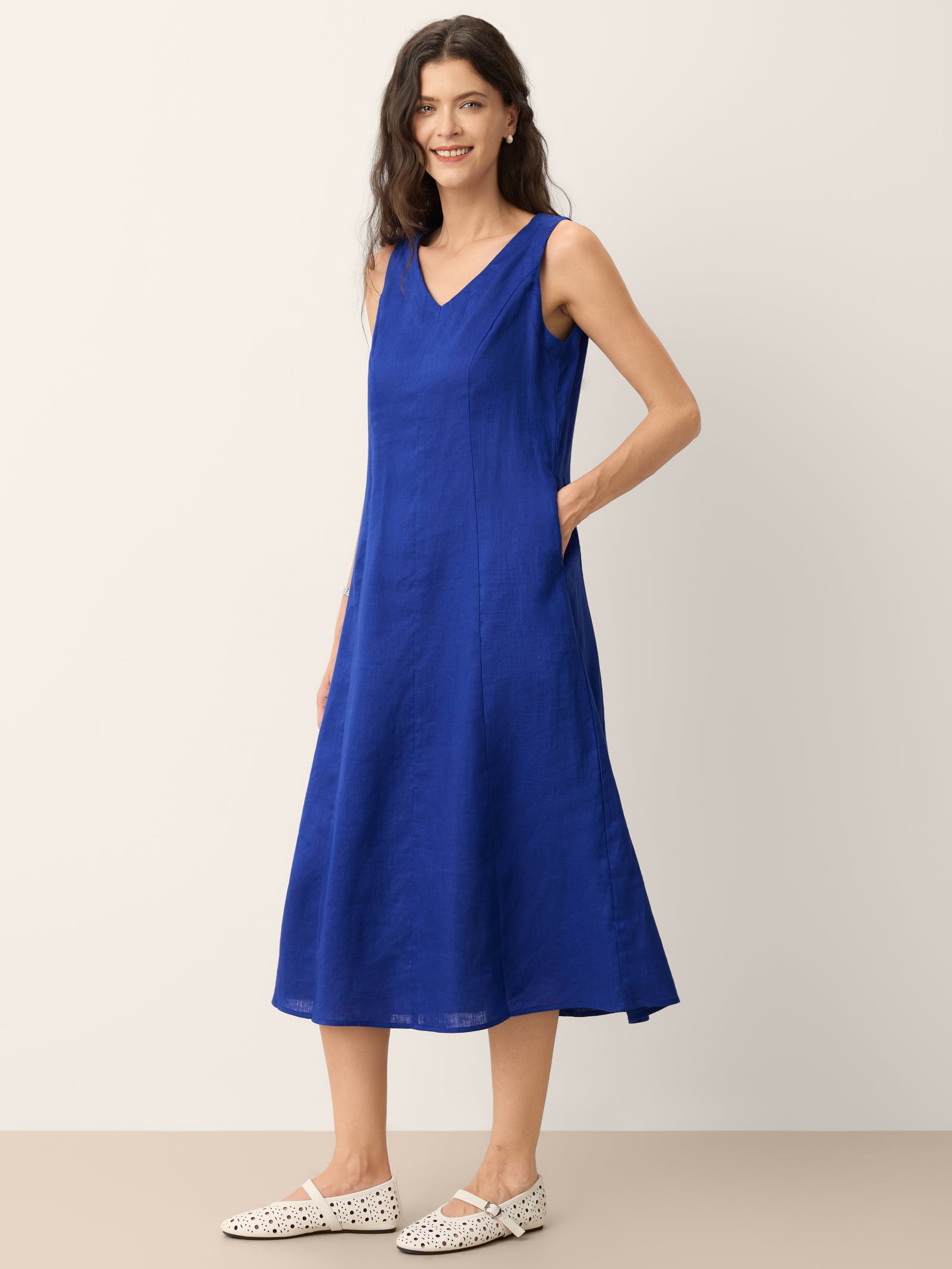 100% Linen Sleeveless V-Neck A-Line Midi Dress MARCELINE by LINTICO for women