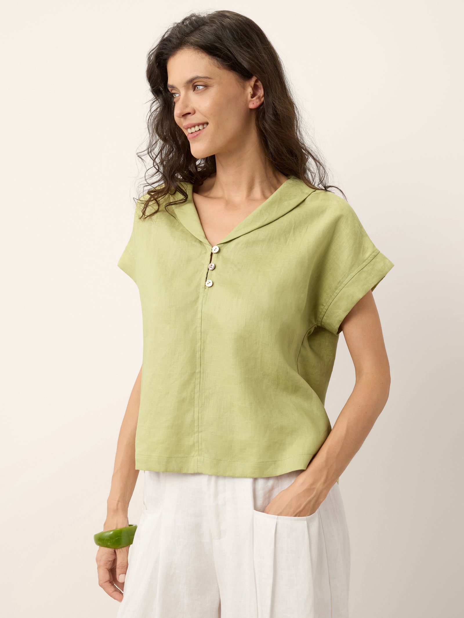 100% Linen Soft Collar Shell Button Rolled Cuff Top HELGA by LINTICO for women