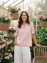 100% Linen Soft Collar Tab Sleeve Top OLGA by LINTICO for women