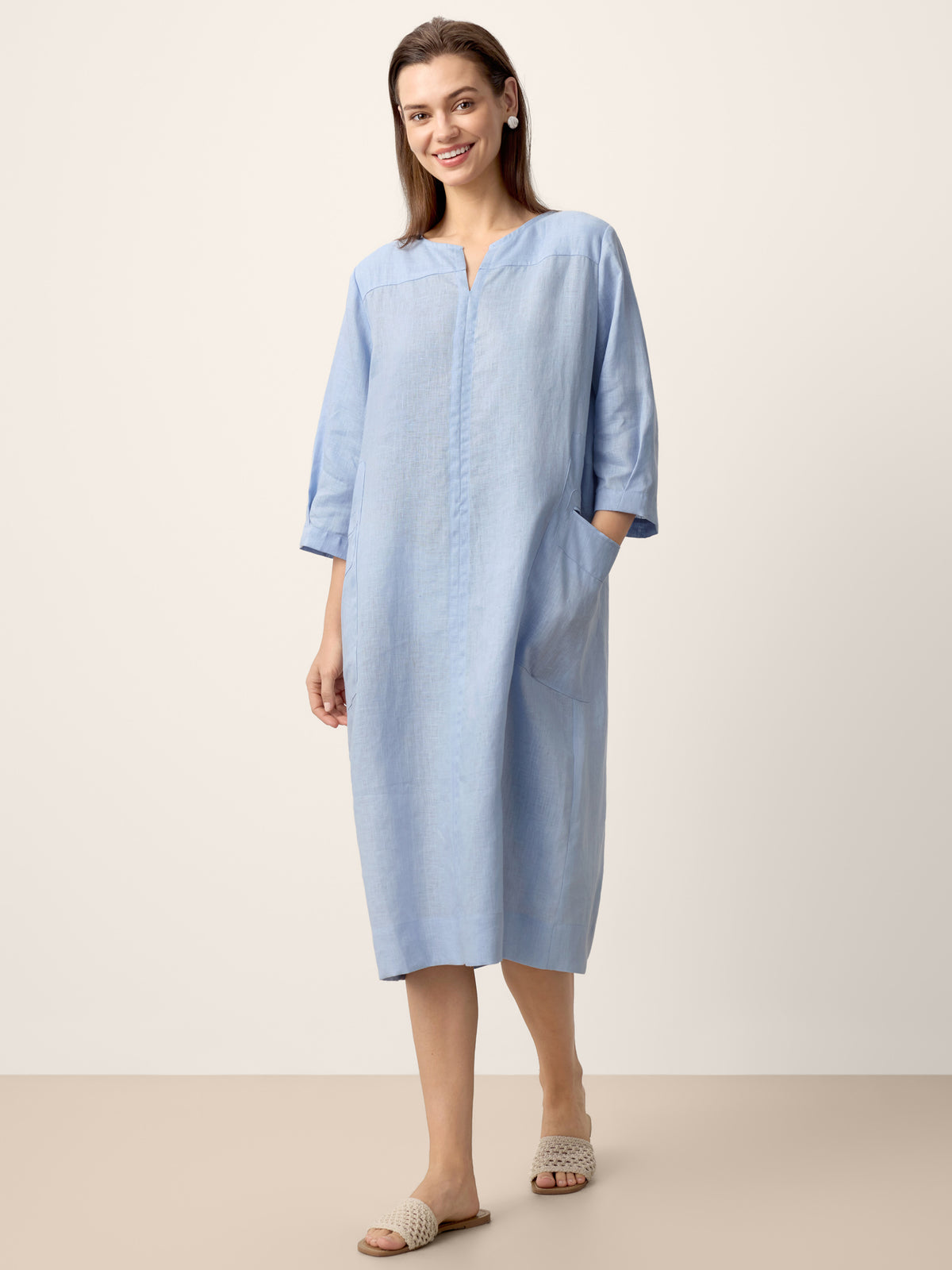 100% Linen Split-Neck Patch-Pocket Mini Dress KALINA by LINTICO for women