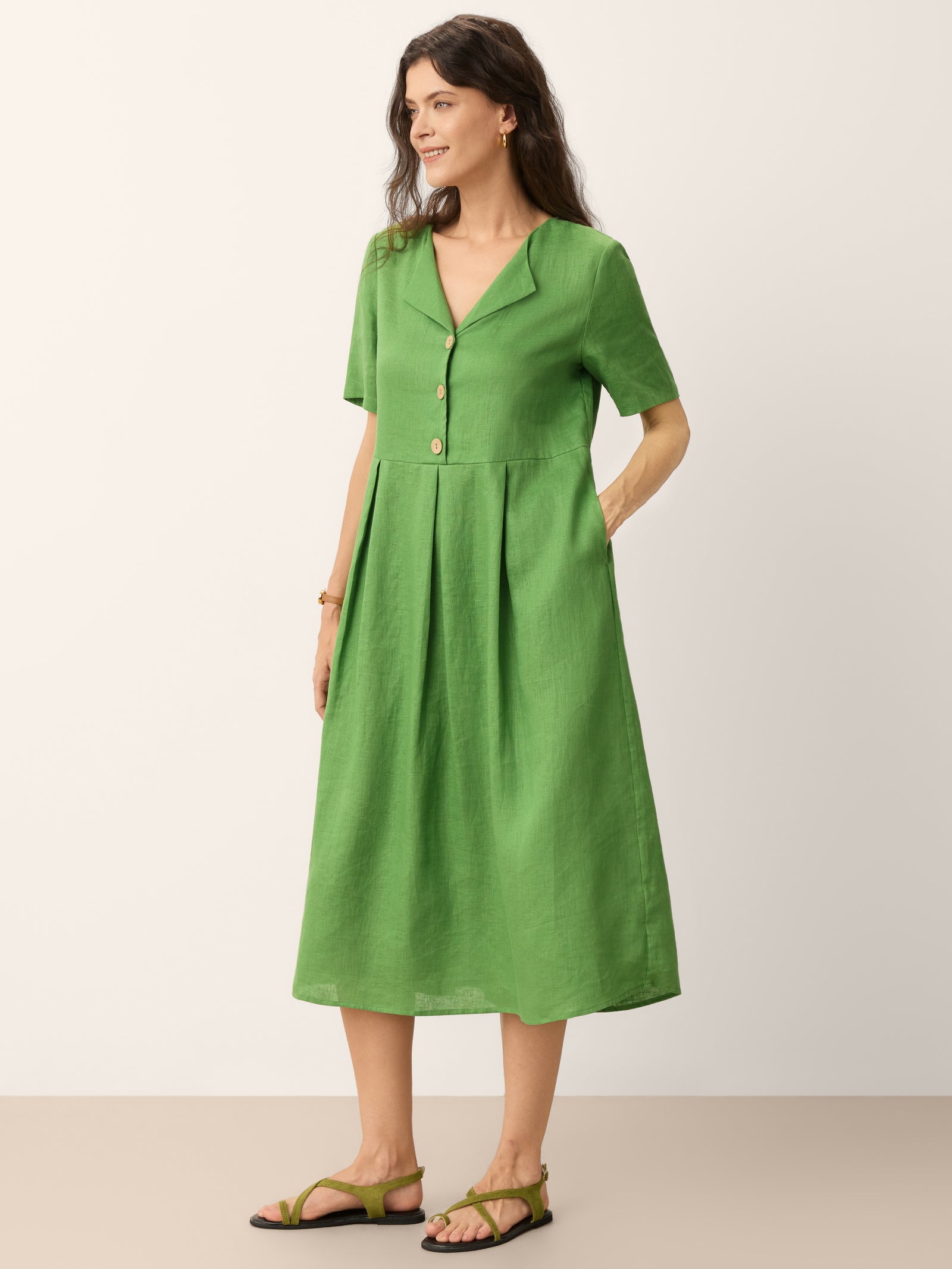 100% Linen Split Neck Button Detail Midi Dress SERAPHINE by LINTICO for women