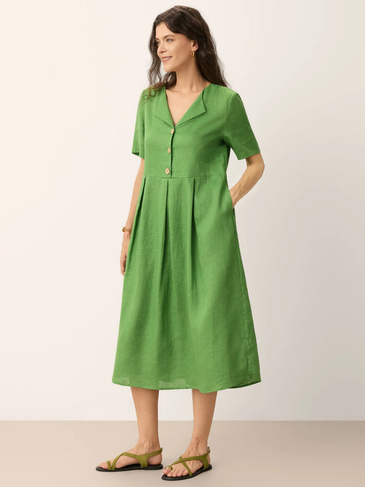 100% Linen Split Neck Button Detail Midi Dress SERAPHINE