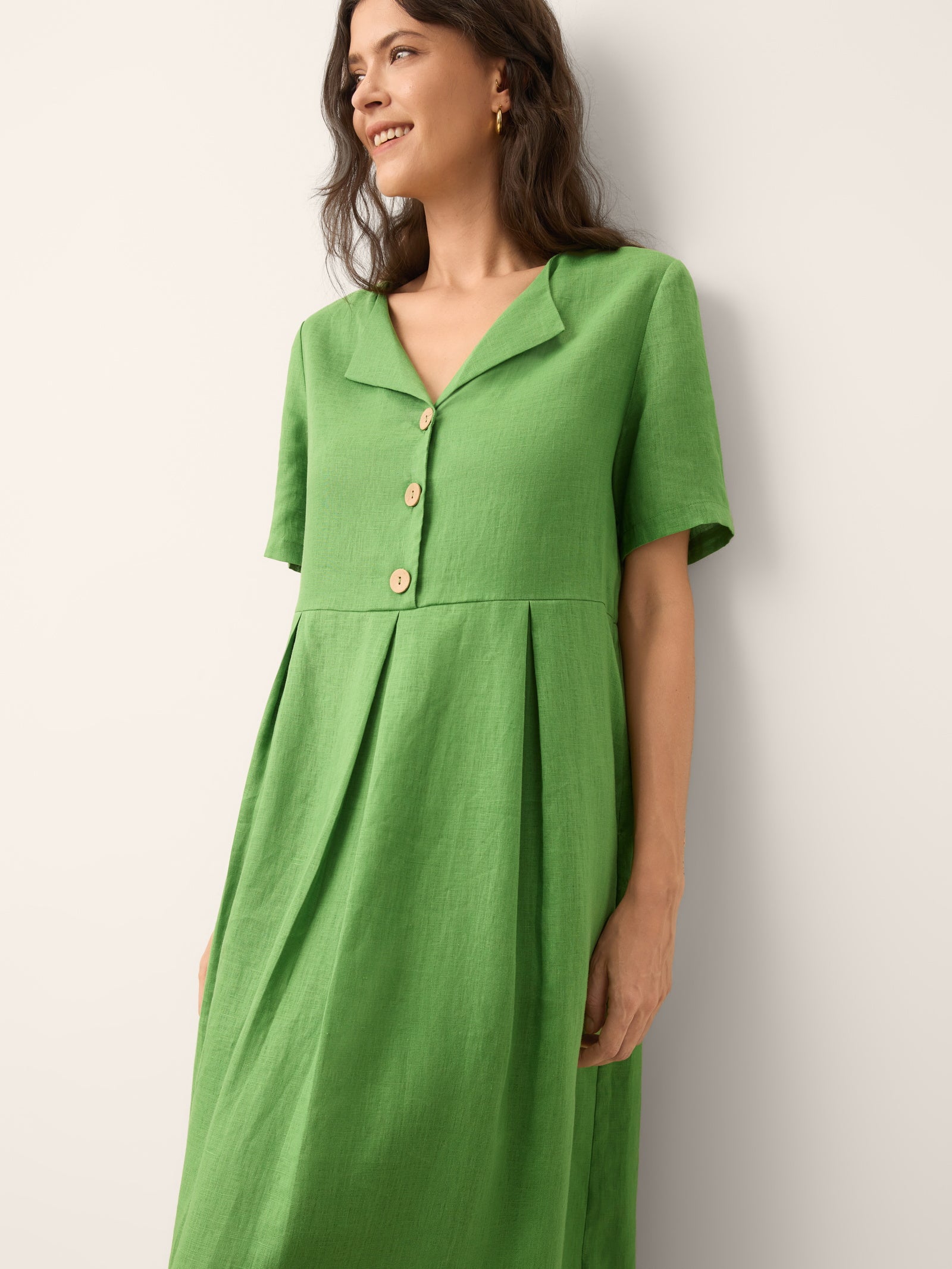 100% Linen Split Neck Button Detail Midi Dress SERAPHINE by LINTICO for women