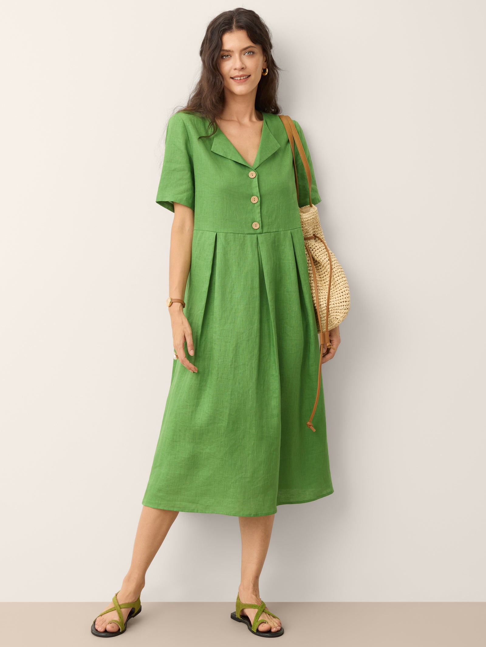 100% Linen Split Neck Button Detail Midi Dress SERAPHINE by LINTICO for women