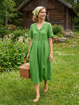 100% Linen Split Neck Button Detail Midi Dress SERAPHINE by LINTICO for women
