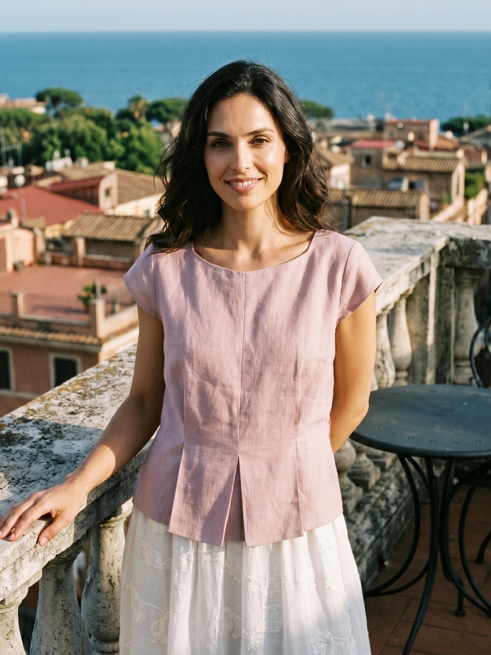 100% Linen Square Neck Tie Waist Top LOUELLA by LINTICO