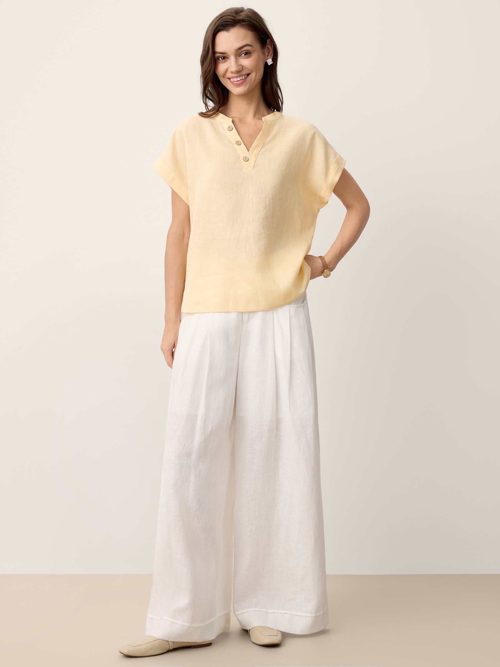 100% Linen Stand-Collar Curved-Hem Top CRESSA by LINTICO for women