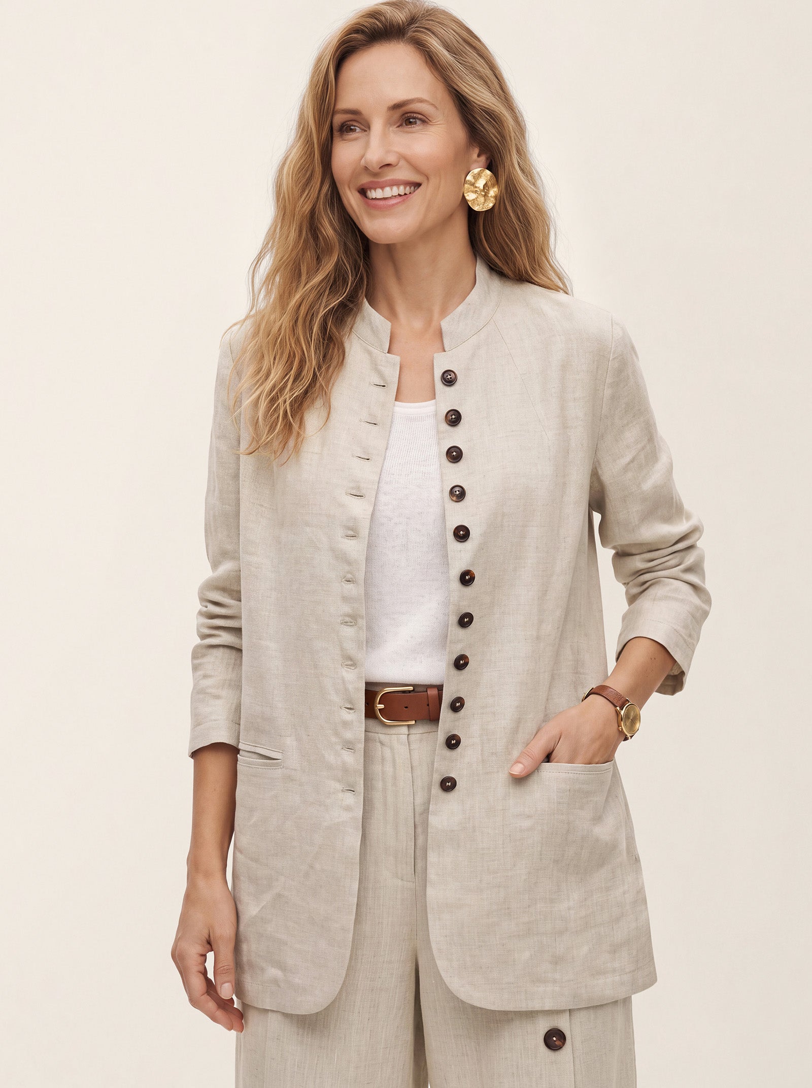 Natural Melange 100% Linen Stand Collar Princess Seam Jacket ALIDA by LINTICO