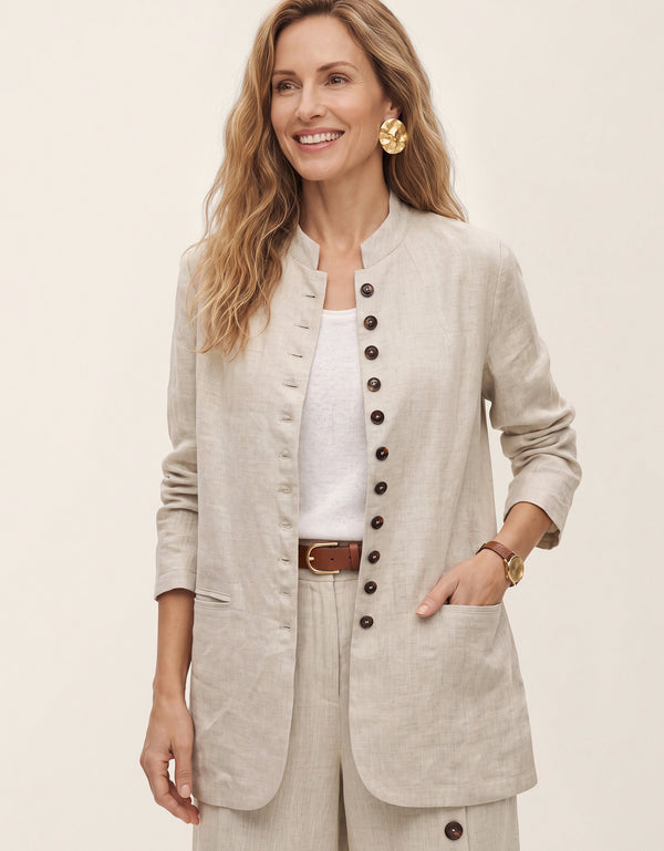 100% Linen Stand Collar Princess Seam Jacket ALIDA