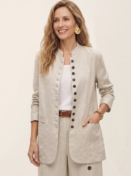 100% Linen Stand Collar Princess Seam Jacket ALIDA