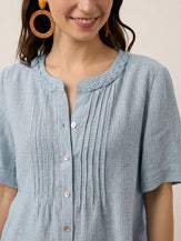 100% Linen Striped Braided Neck Shell Button Top ARDEN by LINTICO