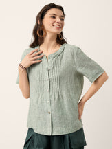 100% Linen Striped Braided Neck Shell Button Top ARDEN by LINTICO for women